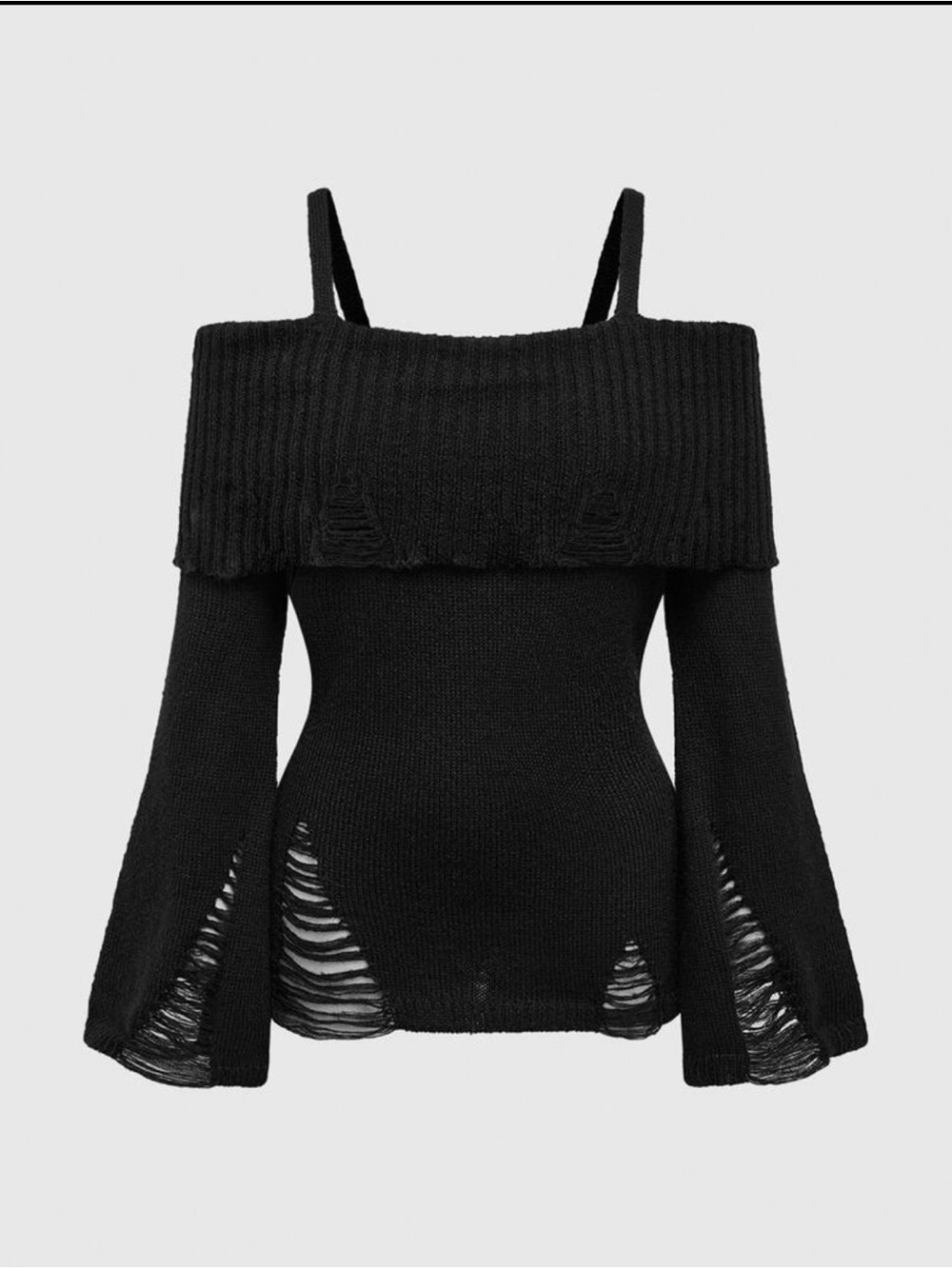 Black Off-Shoulder Distressed Knit Sweater
